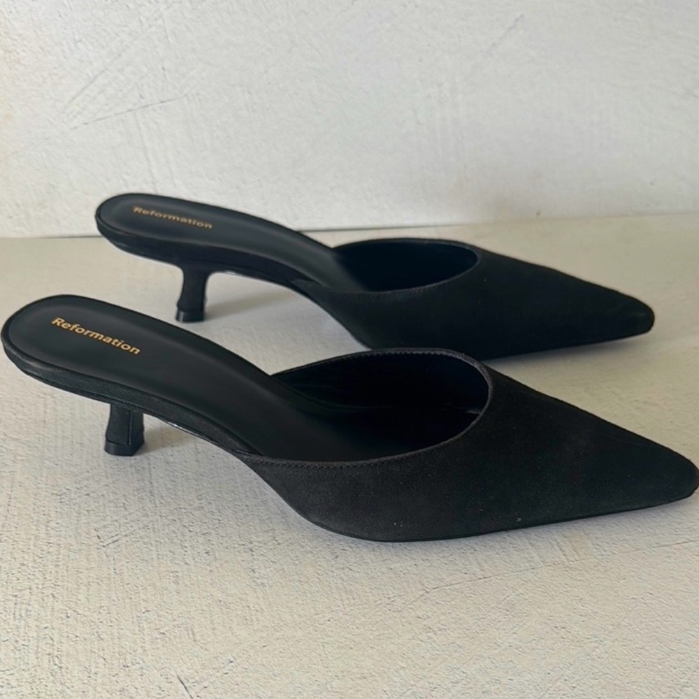Reformation Black Mules with Kitten Heel